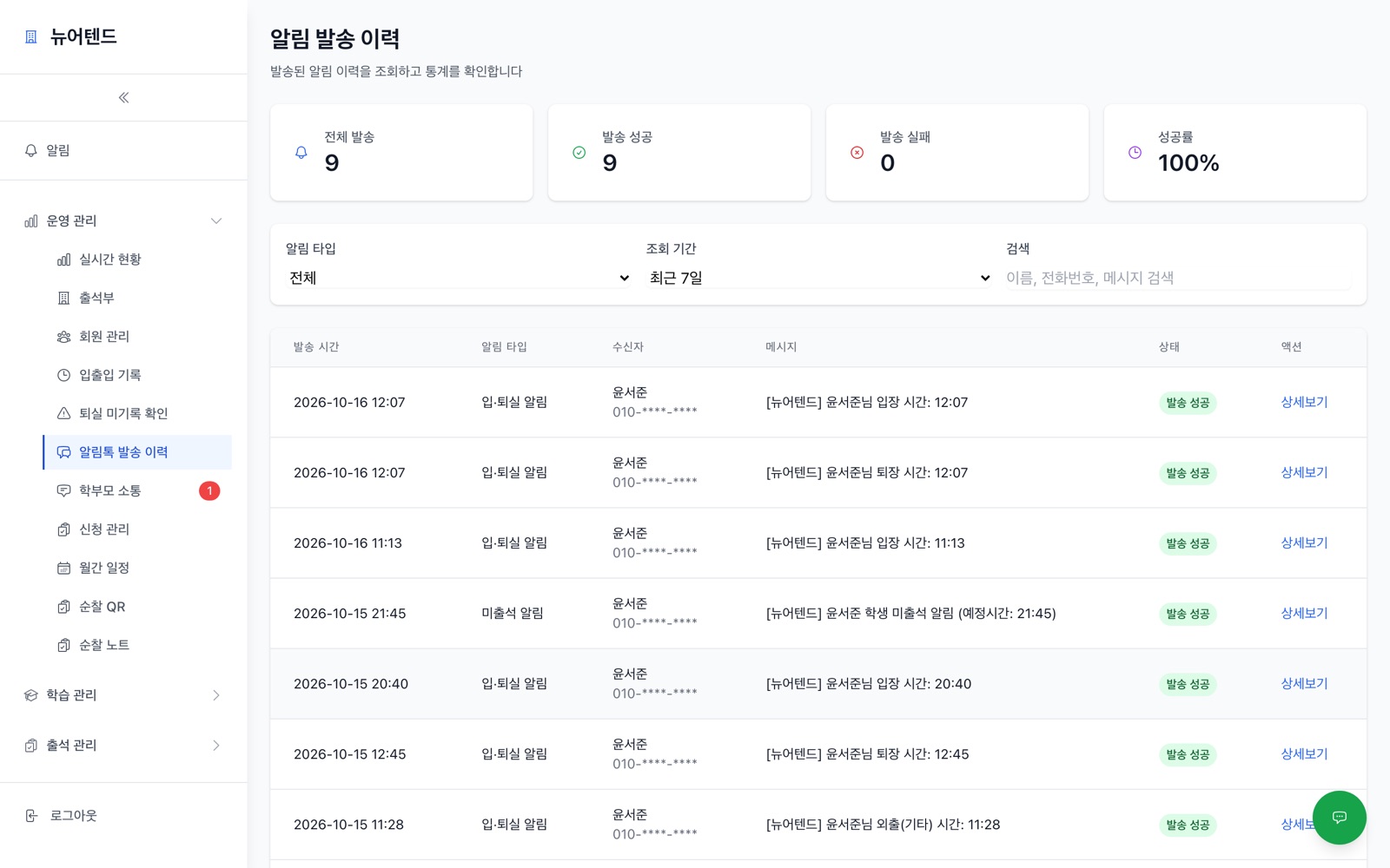 입·퇴실 기록과 학부모 알림 발송 이력